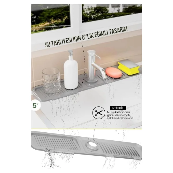 Orvila Elastik Musluk Matı Su Tutucu Düzenleyici Kaydırmaz Taban Organizer Mutfak Banyo Lavabo Gri - Görsel 2