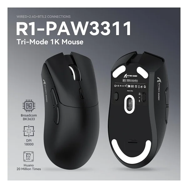 Attack Shark R1 Superlight Siyah Optik Kablolu/Kablosuz Oyuncu Mouse - Görsel 3
