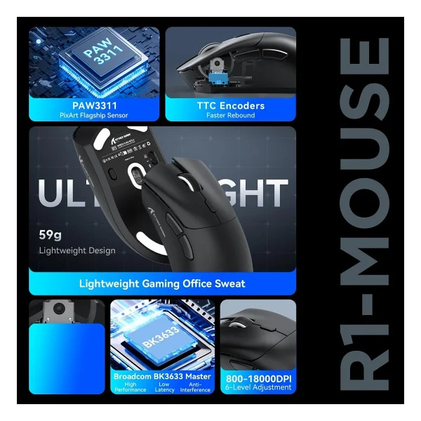 Attack Shark R1 Superlight Siyah Optik Kablolu/Kablosuz Oyuncu Mouse - Görsel 4