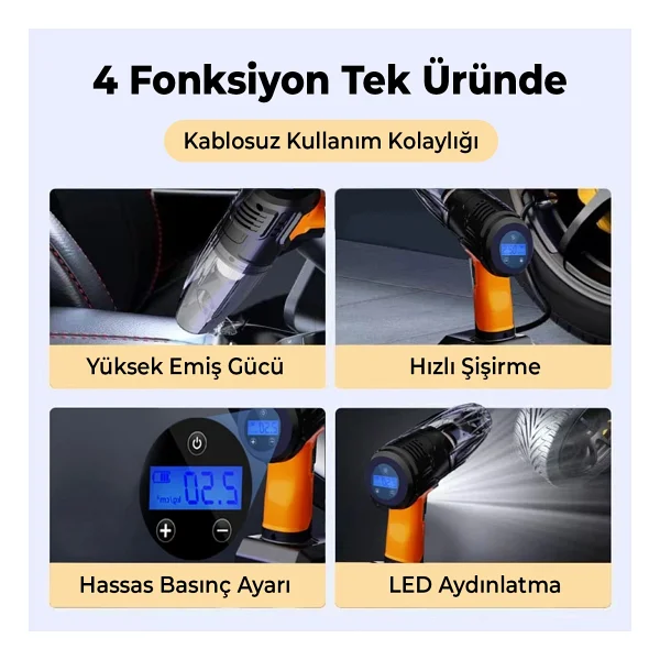Mega Oto Market Şarjlı Çok Fonksiyonlu Oto El Süpürgesi Ve Taşınabilir Lastik Hava Kompresörü Pompası - Görsel 4