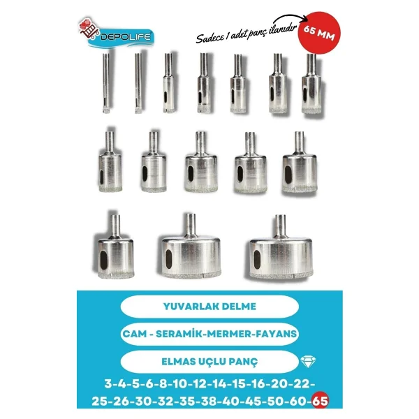Depolife 65mm Mermer Granit Fayans Cam Yuvarlak Delme Panç Elmas Uç Yuvarlak Açma Matkap Için Karot - Görsel 2