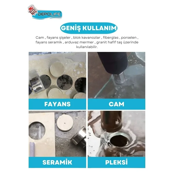 Depolife 65mm Mermer Granit Fayans Cam Yuvarlak Delme Panç Elmas Uç Yuvarlak Açma Matkap Için Karot - Görsel 4