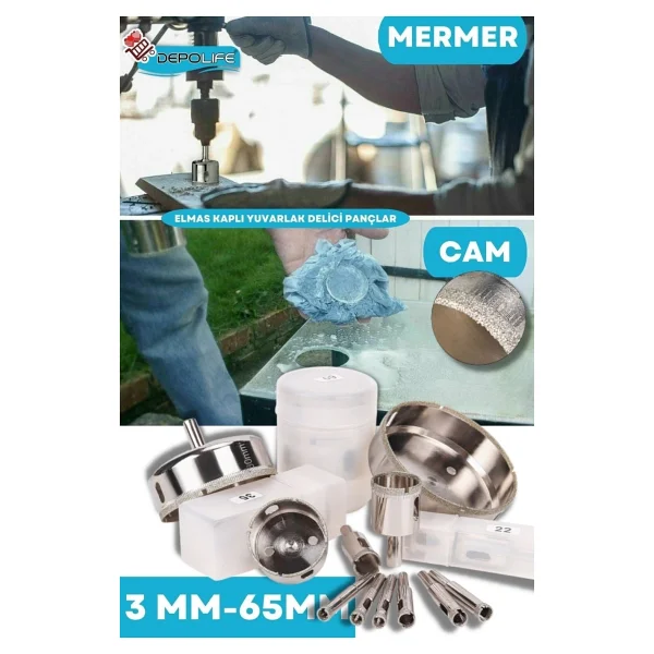 Depolife 65mm Mermer Granit Fayans Cam Yuvarlak Delme Panç Elmas Uç Yuvarlak Açma Matkap Için Karot - Görsel 5