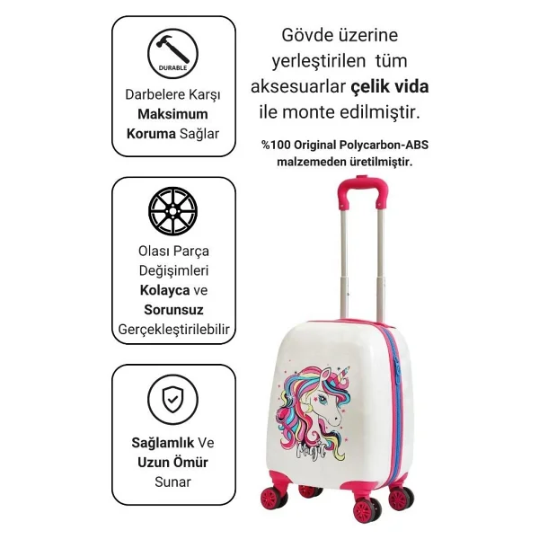 G&D Polo Suitcase Gedox Kids Pembe Beyaz Unicorn Desenli Kız Çocuk Valizi 152 - Beyaz - Pembe - Görsel 2