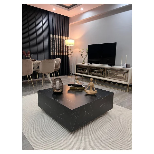 Eriza Home Lesley, Kare Traverten Mermer Desenli Modern Orta Sehpa, Ceviz Ceviz - Görsel 6