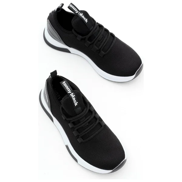 Tonny Black Unisex Siyah Beyaz Nefes Alabilen Kumaş Poli Taban Bağcıklı Spor Ayakkabı Düz Taban - 41 - Görsel 5