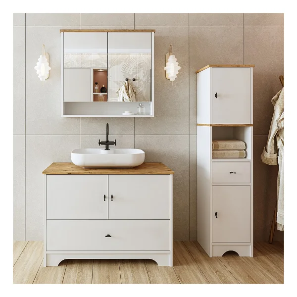 ROOMART Oval Lavabolu Mat Beyaz Mdf 100 Cm Çekmeceli Banyo Dolabı + Aynalı Üst Dolabı + Boy Dolabı - Görsel 6