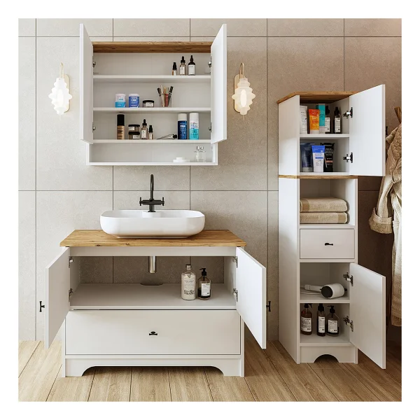 ROOMART Oval Lavabolu Mat Beyaz Mdf 100 Cm Çekmeceli Banyo Dolabı + Aynalı Üst Dolabı + Boy Dolabı - Görsel 3