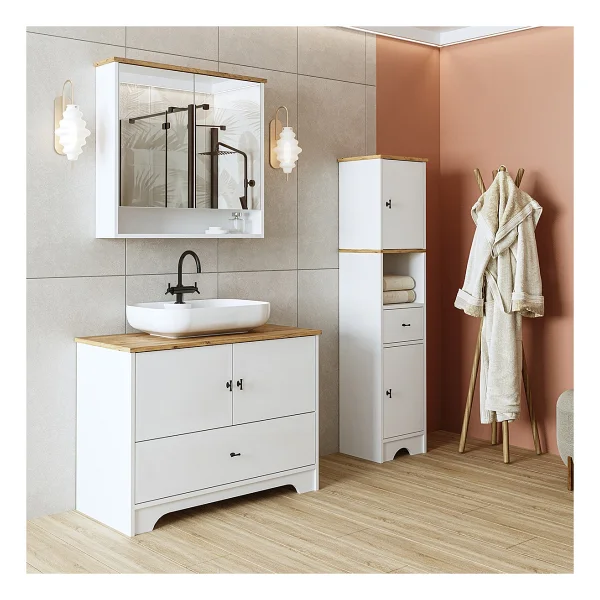 ROOMART Oval Lavabolu Mat Beyaz Mdf 100 Cm Çekmeceli Banyo Dolabı + Aynalı Üst Dolabı + Boy Dolabı - Görsel 5