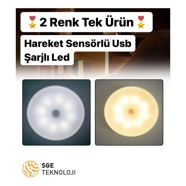 Sge Teknoloji 16 LED 2 Renk 5 Modlu Beyaz Ve Gün Işığı Hareket Sensörlü Type-C Girişli LED Lamba - Görsel 6
