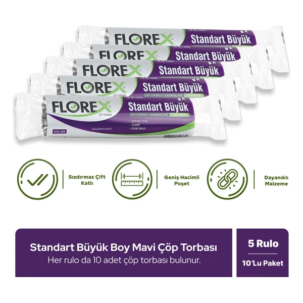 Florex Standart Büyük Boy Mavi Çöp Poşeti 10'lu 5 Adet - Görsel 6