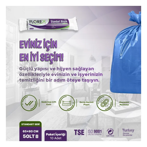 Florex Standart Büyük Boy Mavi Çöp Poşeti 10'lu 5 Adet - Görsel 2