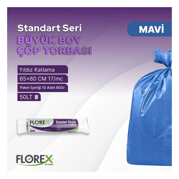 Florex Standart Büyük Boy Mavi Çöp Poşeti 10'lu 5 Adet - Görsel 3