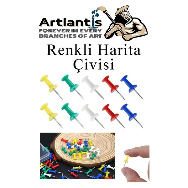 Artlantis Harita Çivisi Renkli 150 Li 1 Paket Renkli Mantar Pano Raptiyesi Pano İğnesi Ofis Okul Büro Renkli H - Görsel 6