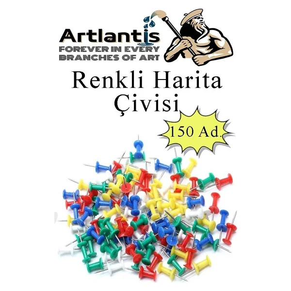 Artlantis Harita Çivisi Renkli 150 Li 1 Paket Renkli Mantar Pano Raptiyesi Pano İğnesi Ofis Okul Büro Renkli H - Görsel 2