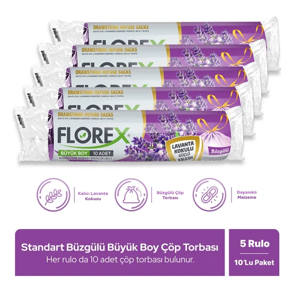Florex Lavanta Kokulu Büzgülü Büyük Boy Çöp Poşeti 10'lu 5 Adet - Görsel 6
