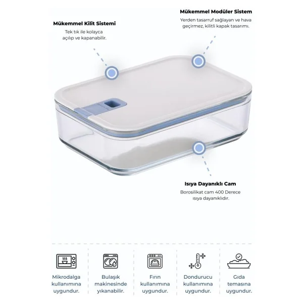 Neoflam Perfect Seal 1600 Ml Dikdörtgen Cam Saklama Kabı - Görsel 3