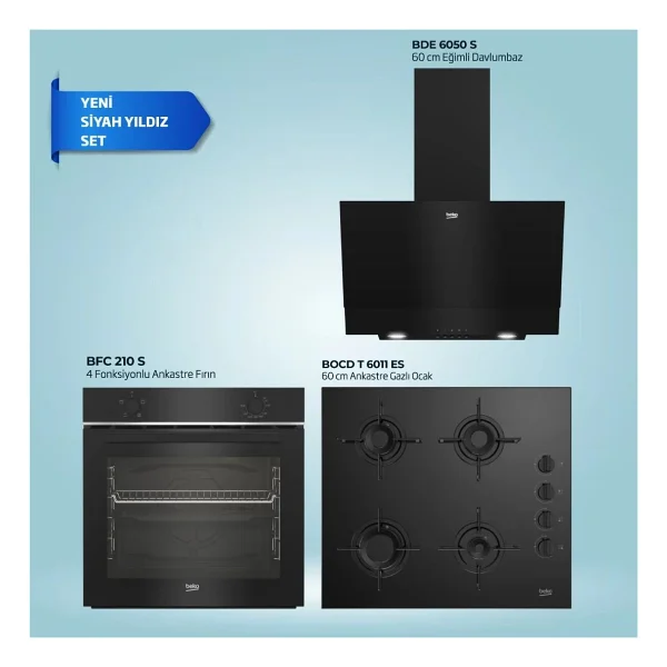 Beko Black Star 3'lü Ankastre Set 5 Modern Tasarımlı Siyah Renk Gazlı Ocak Bfc 210 S - Bocd T 6011 Es - Bde 6050 S - Görsel 2