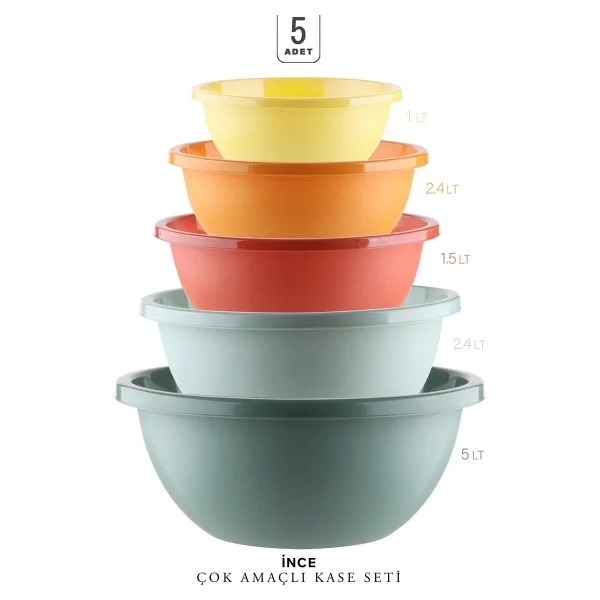 Kitchen Life 5'li Çok Amaçlı Neo Aura Yuvarlak Karıştırma Kasesi - (30+25+22+19+16,5cm) 5 Boy Badya Saklama Kabı