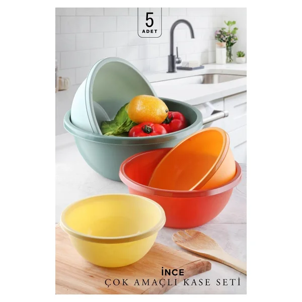 Kitchen Life 5'li Çok Amaçlı Neo Aura Yuvarlak Karıştırma Kasesi - (30+25+22+19+16,5cm) 5 Boy Badya Saklama Kabı - Görsel 2