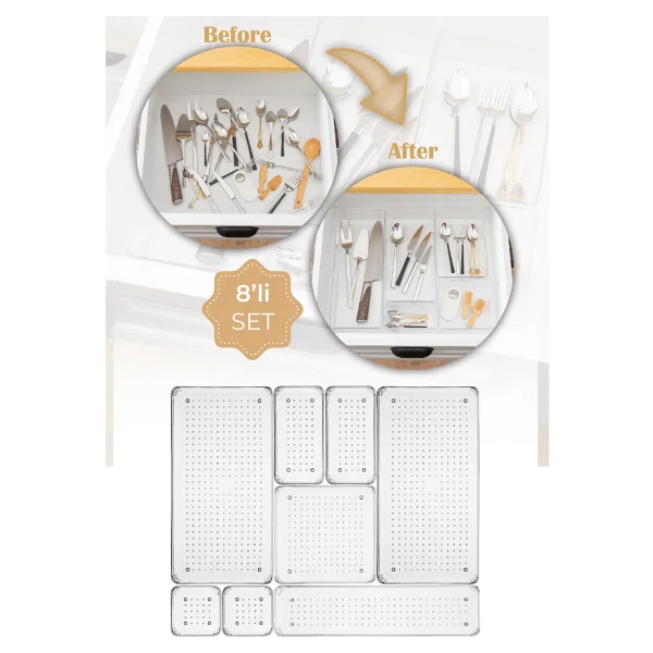 Vienev 8li Şeffaf Çekmece İçi Düzenleyici Organizer 2x( B.K. Dkdrtgn K.Kare) 1x(D.dkdrtgn B.Kare) - Görsel 4