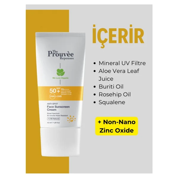 The Prouvee Reponses %100 Doğal 50+Spf Anti-Spot Leke Karşıtı Yüz İçin Organik Güneş Koruyucu Krem 40 Ml - Görsel 3