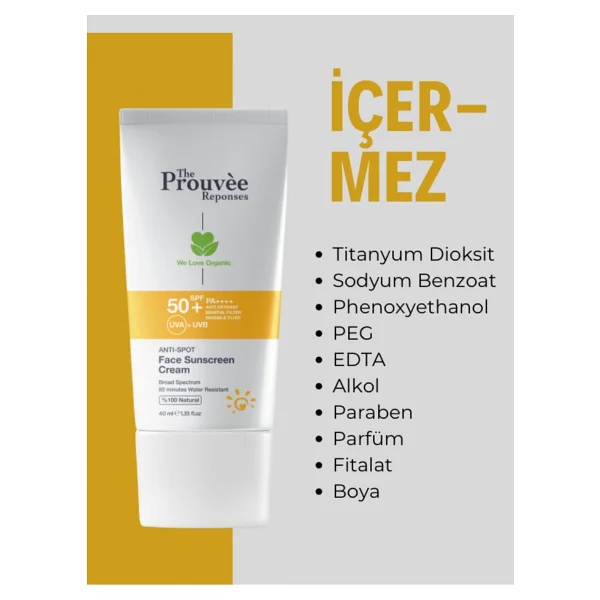 The Prouvee Reponses %100 Doğal 50+Spf Anti-Spot Leke Karşıtı Yüz İçin Organik Güneş Koruyucu Krem 40 Ml - Görsel 4