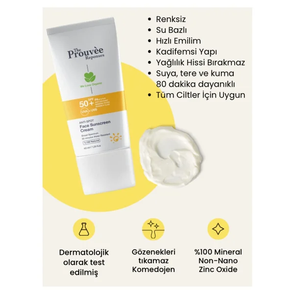 The Prouvee Reponses %100 Doğal 50+Spf Anti-Spot Leke Karşıtı Yüz İçin Organik Güneş Koruyucu Krem 40 Ml - Görsel 2