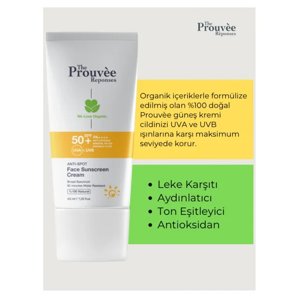 The Prouvee Reponses %100 Doğal 50+Spf Anti-Spot Leke Karşıtı Yüz İçin Organik Güneş Koruyucu Krem 40 Ml - Görsel 5