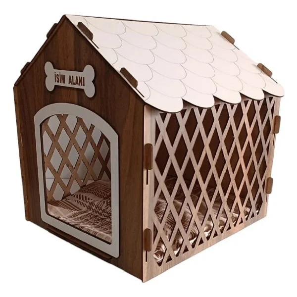 Hobicim Süper Set Ahşap Desenli Köpek Evi-Kulübesi Minder Ve Zincir Tasma Hediyeli (Tesbih-Beyaz) - Görsel 4