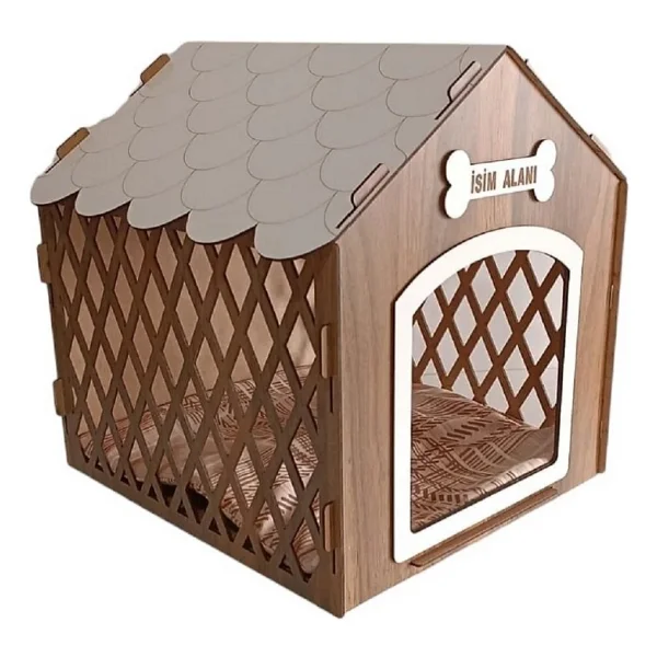 Hobicim Süper Set Ahşap Desenli Köpek Evi-Kulübesi Minder Ve Zincir Tasma Hediyeli (Tesbih-Beyaz) - Görsel 2