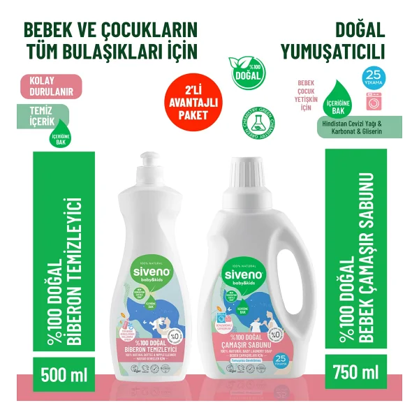 Siveno %100 Doğal Bebek Çamaşır Sabunu 750 Ml & Biberon Emzik Temizleyici Elde Bulaşık Sabunu 500 Ml Set - Görsel 9