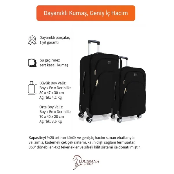 Louisiana Polo 1081 Kumaş Siyah Orta + Büyük Boy 2'li Valiz Seti - Görsel 8