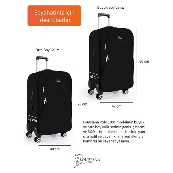 Louisiana Polo 1081 Kumaş Siyah Orta + Büyük Boy 2'li Valiz Seti - Görsel 9