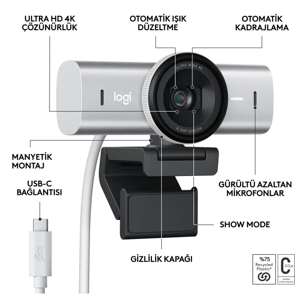 Logitech Mx Brio Açık Gri 4K Ultra HD Mikrofonlu Webcam - Görsel 6