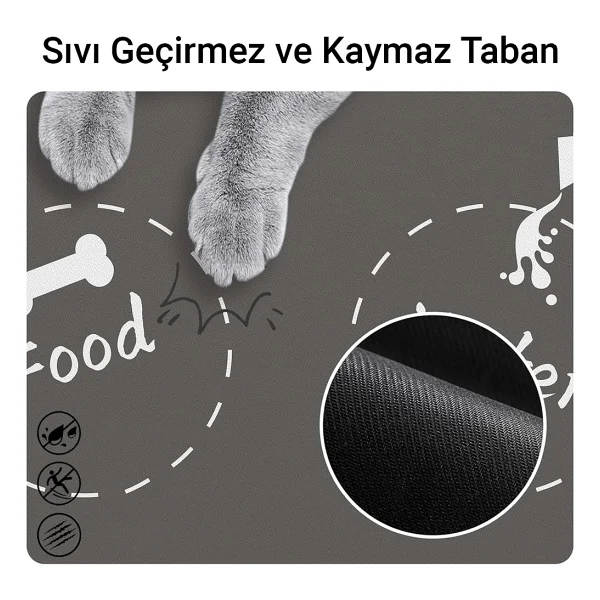 Matgo Pati Food Water Gri Beslenme Matı Kaymaz Sıvı Geçirmez Kedi Köpek Mama Paspası 50x70cm - Görsel 4