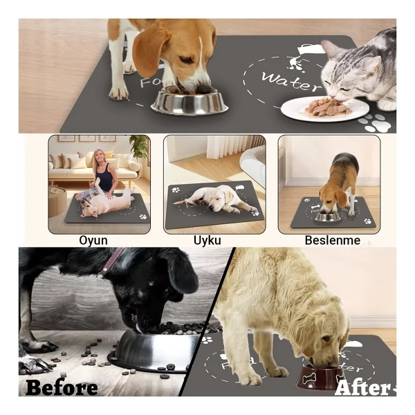 Matgo Pati Food Water Gri Beslenme Matı Kaymaz Sıvı Geçirmez Kedi Köpek Mama Paspası 50x70cm - Görsel 5
