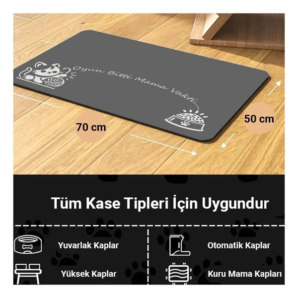 Matgo Pati Oyun Bitti Mama Vakti Beslenme Matı Kaymaz Sıvı Geçirmez Kedi Köpek Mama Paspası 50x70cm - Görsel 2