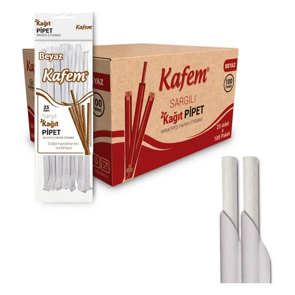 Kafem Sargılı Beyaz Kağıt Pipet 19,5cm 25li X 100 Paket (Koli) - Görsel 3