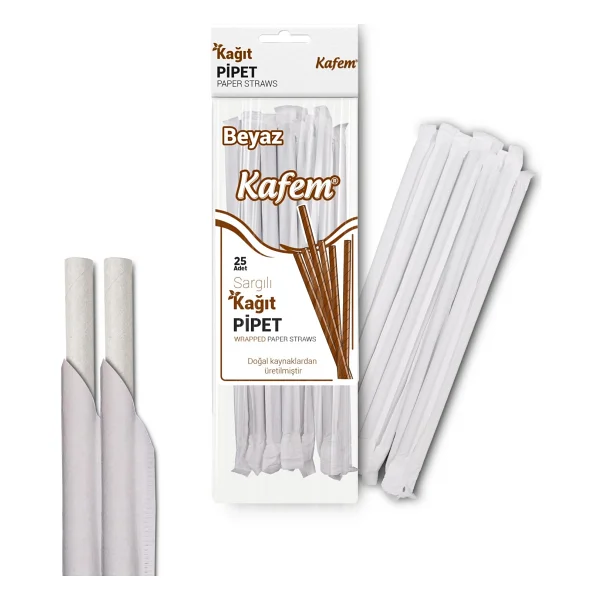 Kafem Sargılı Beyaz Kağıt Pipet 19,5cm 25li X 100 Paket (Koli) - Görsel 2