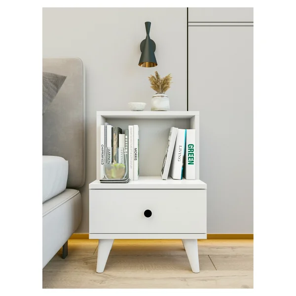 Montenero Sade Beyaz Komodin 1 Çekmeceli Açık Raflı Minimalist Yatak Odası 45x65 Cm - Eskitme Beyaz - Görsel 2