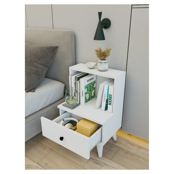 Montenero Sade Beyaz Komodin 1 Çekmeceli Açık Raflı Minimalist Yatak Odası 45x65 Cm - Eskitme Beyaz - Görsel 3