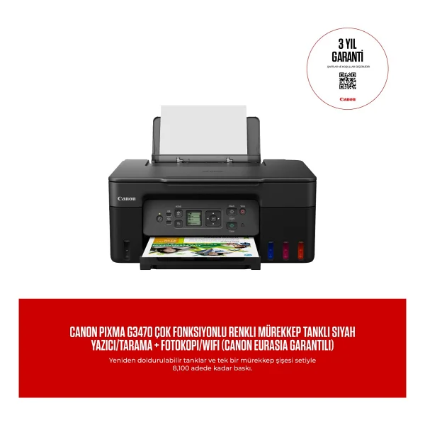 Canon Pixma G3470 Siyah Wi-Fi + Tarayıcı + Fotokopi Çok Fonksiyonlu Tanklı Mürekkep Püskürtmeli Yazıcı - Görsel 6