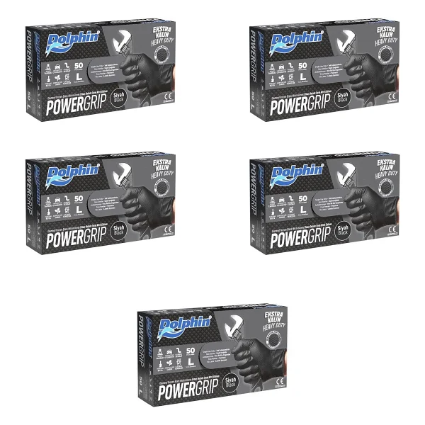 Dolphin Nitril Powergrip Ekstra Kalın Elmas Dokulu Eldiven Siyah Large Büyük Boy - 50'li 5 Paket - Görsel 8