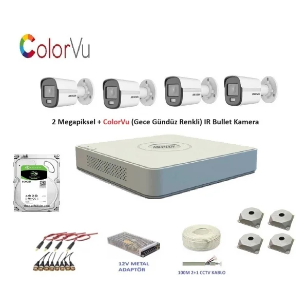 Hikvision 2mp 4 Kamerali Dis Ortam Ahd HD-Tvı Colorvu Gece Renkli Kamera Seti 500gb Disk - Görsel 3