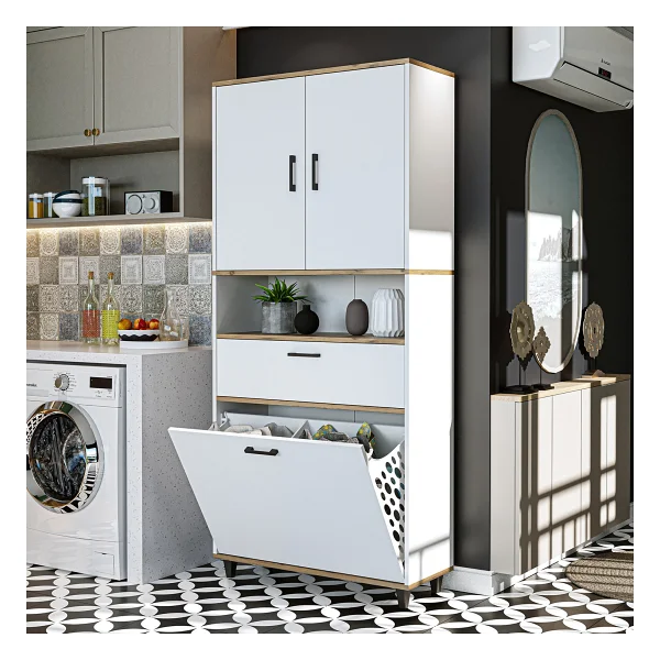 Roomart Çamaşır Sepetli Banyo Dolabı, Çok Amaçlı Çekmeceli Dolap 90 x 200 cm - Atlantik Çam - Beyaz - Görsel 4