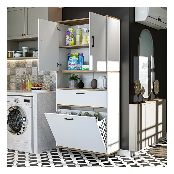 Roomart Çamaşır Sepetli Banyo Dolabı, Çok Amaçlı Çekmeceli Dolap 90 x 200 cm - Atlantik Çam - Beyaz - Görsel 2