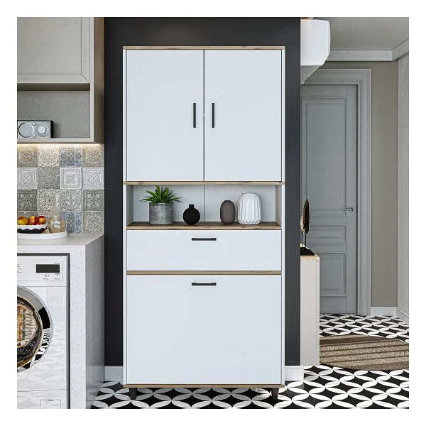 Roomart Çamaşır Sepetli Banyo Dolabı, Çok Amaçlı Çekmeceli Dolap 90 x 200 cm - Atlantik Çam - Beyaz - Görsel 6