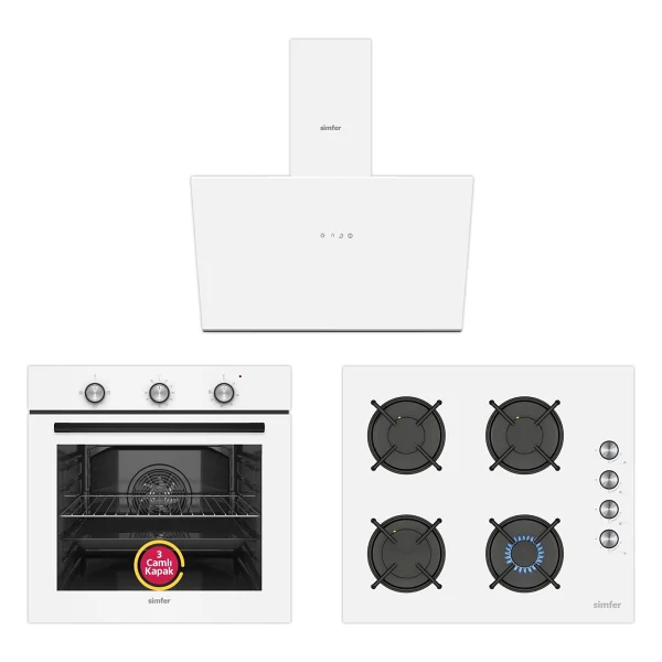 Simfer Ankastre Set Beyaz Mekanik Power Turbo Fanlı Cam Ocaklı 3'lü Set (Fırın + Ocak + Davlumbaz) - Görsel 10