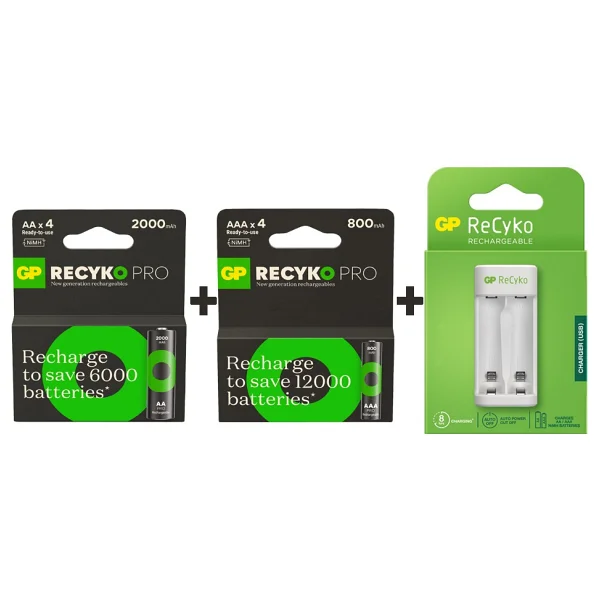 Gp E211 USB Pil Şarj Cihazı + Recyko Pro 2000 mAh 4'lü Şarjlı Aa + 800 mAh 4'lü Şarjlı Aaa Pil - Görsel 3